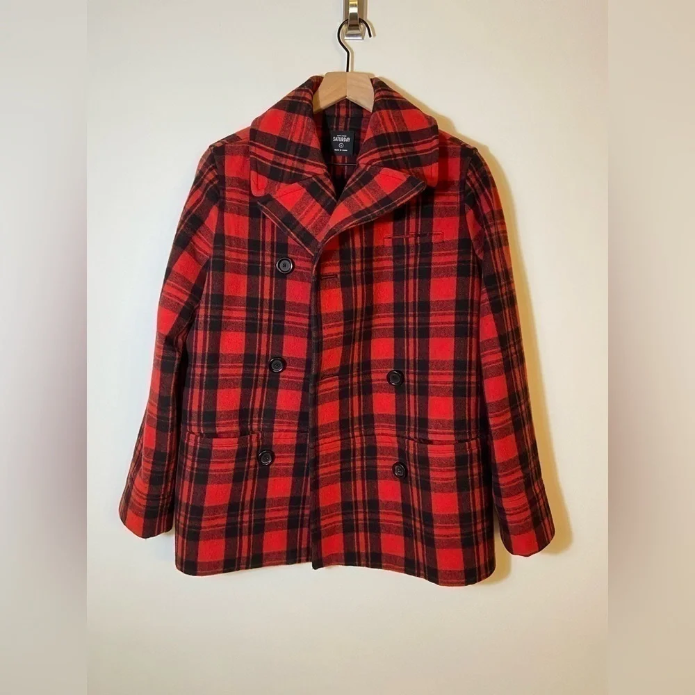 Kate spade SATURDAY scotch plaid wool blend pea coat Red Black Sz S